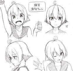Rule 34 | 1girl, :d, antenna hair, arm up, commentary request, crying, crying with eyes open, face, greyscale, kantai collection, looking at viewer, looking away, monochrome, multiple views, negahami, one eye closed, open mouth, sailor collar, sakawa (kancolle), short hair, smile, tears, translation request