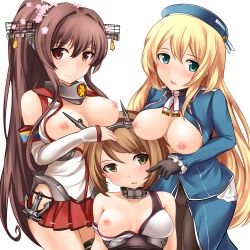 Rule 34 | 10s, 3girls, atago (kancolle), bad id, bad pixiv id, bare shoulders, blonde hair, blush, breast rest, breasts, breasts on head, breasts out, brown eyes, brown hair, female focus, green eyes, hat, highres, kantai collection, large breasts, looking at viewer, multiple girls, mutsu (kancolle), nipples, pantyhose, ponytail, short hair, simple background, smile, thighhighs, white background, yamato (kancolle), yoshimo