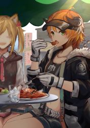 Rule 34 | 2girls, absurdres, animal ears, arknights, artist request, belt, black jacket, blonde hair, collarbone, croissant (arknights), crop top, cup, drinking glass, eating, food, fork, fur-trimmed jacket, fur trim, gloves, green eyes, highres, holding, holding fork, holding spoon, horns, id card, jacket, long sleeves, looking at viewer, midriff, multiple girls, navel, open clothes, open jacket, open mouth, orange hair, outdoors, pasta, penguin logistics logo, plate, short hair, short shorts, shorts, sitting, smile, sora (arknights), spaghetti, spoon, table, twintails, visor cap, white gloves, wolf ears