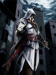 Rule 34 | 1boy, assassin&#039;s creed (series), assassin&#039;s creed ii, belt, blade, cape, concealed weapon, doku hebi, ezio auditore da firenze, feathers, gloves, highres, hood, male focus, solo, vambraces, weapon
