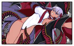 Rule 34 | 1girl, armpits, arms up, bare shoulders, bat wings, bb (fate), bb (fate) (all), bb (swimsuit mooncancer) (fate), bb (swimsuit mooncancer) (third ascension) (fate), black coat, blush, breasts, coat, dark-skinned female, dark skin, fate/grand order, fate (series), gloves, grin, hacco mayu, hair ribbon, highleg, highleg leotard, highres, large breasts, leotard, long hair, looking at viewer, neck ribbon, open clothes, open coat, popped collar, purple eyes, purple hair, red ribbon, ribbon, smile, solo, tan, tentacles, thighs, very long hair, white gloves, white leotard, wings