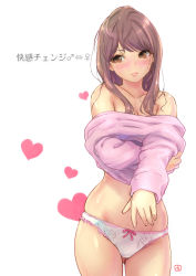 Rule 34 | 1girl, bare shoulders, blouse, blush, breasts, brown eyes, brown hair, carina (xiaowoo), cleavage, clothes lift, copyright name, cowboy shot, embarrassed, heart, lips, long hair, looking at viewer, mayu (carina), no bra, no pants, original, panties, parted bangs, pink shirt, shirt, shirt lift, simple background, skindentation, small breasts, solo, standing, thighs, translated, underwear, undressing, white background, wide hips