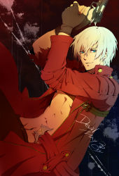 Rule 34 | 1boy, bad id, bad pixiv id, bare pectorals, blue eyes, capcom, coat, copyright name, dante (devil may cry), devil may cry, devil may cry (series), devil may cry 3, highres, male focus, open clothes, open coat, pectorals, senano-yu, solo, torn clothes, torn sleeves, weapon, white hair
