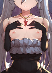 Rule 34 | 1girl, black gloves, breasts, breasts out, doll joints, elbow gloves, female focus, gloves, granblue fantasy, head out of frame, highres, joints, long hair, morisobo, nipples, no bra, orchis, simple background, solo, very long hair, white background