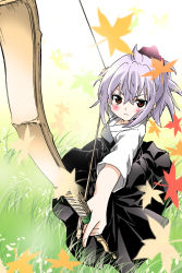 Rule 34 | 1girl, akira (umihan), archery, arrow (projectile), bow, bow (weapon), brown eyes, drawing bow, dress, female focus, foreshortening, from above, grass, hakama, hakama skirt, highres, holding, holding bow (weapon), holding weapon, japanese clothes, kyuudou, leaf, muneate, original, outdoors, short hair, silver hair, skirt, solo, standing, weapon