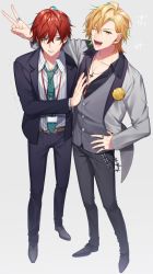 Rule 34 | 2boys, blonde hair, flower, formal, green eyes, hand on own hip, highres, host, hypnosis mic, izanami hifumi, jewelry, kannonzaka doppo, lanyard, multicolored hair, multiple boys, necklace, open mouth, piercing, red hair, ring, rose, salaryman, simple background, smile, sparkle, suit, v, wallet chain, yellow eyes, yellow flower, yellow rose
