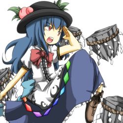 Rule 34 | 1girl, aa hito, aa nin, blue hair, bow, cross-laced footwear, female focus, food, fruit, hat, hinanawi tenshi, keystone, leaf, long hair, open mouth, peach, puffy sleeves, red eyes, rock, rope, salute, short sleeves, solo, touhou