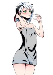 Rule 34 | 1boy, androgynous, bare shoulders, blush, bottle, demon boy, dus (8482), green eyes, highres, horns, multicolored hair, naked towel, open mouth, original, red hair, short hair, simple background, slit pupils, standing, towel, trap, white background, white hair