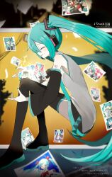 Rule 34 | 1925 (vocaloid), 1girl, absurdres, amaminminzemi, aqua hair, aqua nails, artist self-reference, black footwear, black skirt, black sleeves, blue necktie, boots, celluloid (vocaloid), closed eyes, commentary, detached sleeves, hatsune miku, highres, kagamine len, kagamine rin, kaito (vocaloid), koi wa sensou (vocaloid), long hair, megurine luka, meiko (vocaloid), miku miku ni shite ageru (vocaloid), miracle paint (vocaloid), necktie, photo (object), pleated skirt, romeo to cinderella (vocaloid), saihate (vocaloid), shirt, skirt, sleeveless, sleeveless shirt, solo, song request, songover, thigh boots, twintails, very long hair, vocaloid, voice (vocaloid), world is mine (vocaloid)
