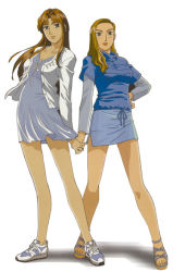 Rule 34 | 2girls, bare legs, blue eyes, blush, brown eyes, brown hair, buttons, casual, cross-laced footwear, dress, earrings, feet, front-tie top, hair intakes, hair over shoulder, holding hands, initial d, jewelry, legs, light brown hair, lips, long hair, long sleeves, looking at viewer, miniskirt, multiple girls, no socks, open clothes, open shirt, parted bangs, pencil skirt, sandals, satou mako, sayuki, sayuki (initial d), shadow, shirt, shoes, short dress, side slit, sidelocks, simple background, skirt, sneakers, standing, swept bangs, toes, turtleneck, unbuttoned, wavy hair, white background