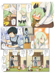 Rule 34 | +++, 1boy, 2girls, afterimage, aged down, anchovy (girls und panzer), anzai romi, apron, black-framed eyewear, black apron, black hair, black ribbon, blue pants, blush, brown skirt, brown sweater, carrot, chibi, closed mouth, clothes lift, collared shirt, comic, commentary, commentary request, cutting board, drill hair, english commentary, family, flapping, food, frown, girls und panzer, glasses, green hair, grey shirt, grey sweater, hair ribbon, head on another&#039;s stomach, highres, holding, holding food, holding knife, holding vegetable, husband and wife, indoors, jinguu (4839ms), kitchen, kneeling, knife, lifting another&#039;s clothes, long hair, long skirt, long sleeves, looking at another, medium hair, mixed-language commentary, mother and daughter, motion blur, motion lines, multiple girls, navel, on floor, on lap, opaque glasses, open mouth, pants, red eyes, ribbon, semi-rimless eyewear, shirt, short hair, sitting, skirt, sleeves rolled up, smile, standing, sweat, sweater, sweater lift, swept bangs, tatami, television, translation request, trembling, tsuji renta, turtleneck, turtleneck sweater, twin drills, twintails, under-rim eyewear, vegetable, wariza, wooden floor, yellow pants