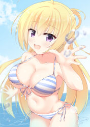 Rule 34 | 1girl, absurdres, ahoge, bare arms, bikini, blonde hair, blue sky, blush, breasts, chataring mai, cleavage, cloud, collarbone, commentary, folded ponytail, hair between eyes, hand up, happy, highres, large breasts, lena liechtenauer, long hair, looking at viewer, navel, ocean, open mouth, purple eyes, ribbon-trimmed bikini, senren banka, sidelocks, signature, skindentation, sky, smile, solo, standing, stomach, striped bikini, striped clothes, swimsuit, underboob, very long hair, water drop, waving, yuzu-soft