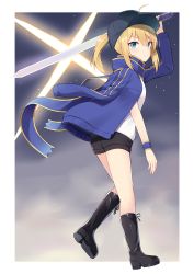 Rule 34 | 1girl, ahoge, arm up, artoria pendragon (fate), baseball cap, black footwear, black hat, black shorts, blonde hair, blue eyes, blue jacket, blue scarf, boots, closed mouth, fate/stay night, fate (series), full body, hair between eyes, hair through headwear, hat, highres, holding, holding sword, holding weapon, jacket, jacket on shoulders, left-handed, leg up, long sleeves, looking at viewer, medium hair, mysterious heroine x (fate), open clothes, open jacket, over shoulder, ponytail, rojiura satsuki: chapter heroine sanctuary, scarf, shirt, shorts, sidelocks, solo, standing, standing on one leg, sword, track jacket, weapon, weapon over shoulder, white shirt, wristband, yukarite