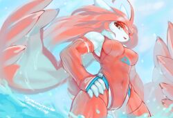 1girl 2015 abs animal_ears bad_tag biceps blue_sky breasts colored_eyelashes covered_erect_nipples covered_navel creatures_(company) deltoids downturned_eyes elbow_gloves fingernails floating_hair from_below furry furry_female game_freak gen_3_pokemon gloves groin_tendon hand_on_own_hip highres krita_(medium) large_breasts latias legendary_pokemon leggings light_smile long_hair looking_at_viewer looking_down muscular narrowed_eyes nintendo non-web_source obliques ocean one-piece_swimsuit open_mouth outdoors parted_lips pink_hair pokemon red_leggings red_one-piece_swimsuit serratus_anterior short_tail signature sky splashing sweat swimsuit tail three_quarter_view toned tsurime tyson_tan very_sweaty water wet white_fur wings yellow_eyes