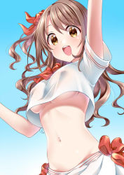 Rule 34 | 1girl, :d, arm up, blue background, blush, bow, breasts, covered erect nipples, crop top, crop top overhang, female focus, gradient background, hair bow, idolmaster, idolmaster cinderella girls, long hair, looking at viewer, medium breasts, navel, no bra, one side up, open mouth, red bow, round teeth, shimamura uzuki, shirt, short sleeves, skirt, smile, solo, stomach, tareme, teeth, tottoto tomekichi, underboob, upper body, upper teeth only, wavy hair, white shirt, white skirt