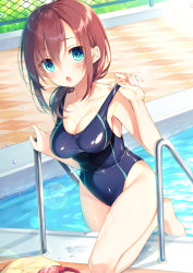 Rule 34 | 1girl, :o, adjusting clothes, adjusting swimsuit, aqua eyes, barefoot, blue one-piece swimsuit, breasts, brown hair, chain-link fence, cleavage, collarbone, competition swimsuit, fence, goggles, unworn goggles, hair over shoulder, highres, lens flare, long hair, looking at viewer, moe2017, one-piece swimsuit, open mouth, original, pool, pool ladder, solo, swimsuit, toosaka asagi, wet, wet clothes