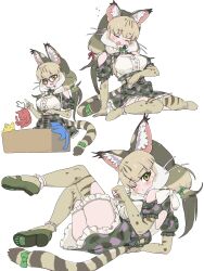Rule 34 | 1girl, animal ears, animal print, bare shoulders, bespectacled, black-framed eyewear, blush, cat, cat ears, cat girl, cat print, cat tail, center frills, closed eyes, dress, elbow gloves, extra ears, fingerless gloves, frilled thighhighs, frills, glasses, gloves, green dress, green eyes, green footwear, green gloves, green hair, hair tie, highres, jungle cat (kemono friends), kemono friends, kemono friends v project, kunikuni (kunihiro2005), long hair, looking at viewer, lying, multicolored hair, multiple views, on side, one eye closed, paw print soles, print gloves, print thighhighs, shirt, short sleeves, sitting, sleeping, tail, thighhighs, twintails, virtual youtuber, white shirt