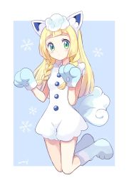 Rule 34 | 1girl, alolan form, alolan vulpix, alolan vulpix (cosplay), alternate costume, animal ears, animal hands, artist name, bad id, bad pixiv id, blonde hair, blue background, blue footwear, blue gloves, blush, blush stickers, border, braid, breasts, closed mouth, cosplay, creatures (company), dress, fake animal ears, fake tail, female focus, fox ears, fox tail, full body, game freak, gen 7 pokemon, gloves, green eyes, hairband, hands up, kneeling, lillie (pokemon), long hair, looking at viewer, mei (maysroom), nintendo, paw gloves, paw pose, paw shoes, pokemon, pokemon (anime), pokemon sm (anime), revision, shoes, signature, simple background, sleeveless, sleeveless dress, small breasts, snowflakes, solo, tail, twin braids, white border, white dress, white hairband