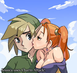 Rule 34 | 1boy, 1girl, bare shoulders, blonde hair, blue eyes, blush, breasts, brown eyes, kissing cheek, cleavage, crossover, day, dragon quest, dragon quest viii, drawfag, dress, earrings, english text, frown, gloves, hat, hetero, jessica albert, jewelry, junkpuyo, kiss, large breasts, link, lips, long hair, looking at viewer, necklace, nintendo, open mouth, orange eyes, orange hair, pointy ears, square enix, strapless, strapless dress, the legend of zelda, tunic, twintails