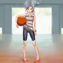 Rule 34 | 1girl, ?, ball, basketball, bike shorts, blue hair, blush, cameltoe, cleft of venus, female focus, flat chest, full body, gym, holding, holding ball, looking at viewer, nipples, original, pink footwear, ponytail, see-through, shoes, solo, standing, striped tank top, sweat, sweaty clothes, tank top, tomboy, wooden floor, wristband, yamada (gotyui)