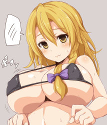 Rule 34 | 1girl, alternate breast size, blonde hair, blush, bow, breasts, brown eyes, cleavage, closed mouth, cookie (touhou), fang, hair bow, kirisame marisa, large breasts, long hair, looking at viewer, marine (46586031), purple bow, rei (cookie), solo, speech bubble, sweat, touhou, translation request, upper body