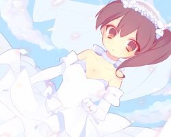Rule 34 | 10s, 1girl, bad id, bad pixiv id, breasts, brown eyes, brown hair, cleavage, dress, elbow gloves, flower, gloves, jewelry, kaga (kancolle), kantai collection, looking at viewer, ribbon, ring, shapeson, side ponytail, smile, solo, tedamarutarou, veil, wedding, wedding band, wedding dress, wedding ring