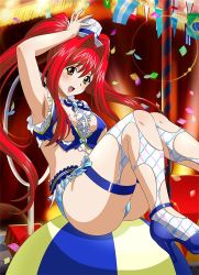 Rule 34 | 00s, 1girl, argentina, ass, ball, blue panties, brazil, breasts, brown eyes, female focus, flag, hair ornament, hat, ikkitousen, kanpei, large breasts, legs, long hair, long twintails, looking at viewer, mini hat, open mouth, panties, red hair, shirt, sitting, smile, solo, thighhighs, torn clothes, torn shirt, torn thighhighs, twintails, underwear