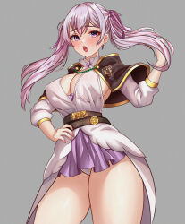 Rule 34 | 1girl, absurdres, black clover, blush, breasts, cetta (cettadvd), cleavage, cloak, earrings, fingernails, grey hair, hand on own hip, highres, jewelry, large breasts, long hair, looking at viewer, miniskirt, nail polish, no bra, noelle silva, open mouth, panties, purple eyes, simple background, skirt, thick thighs, thighs, tsundere, twintails, underwear, white panties