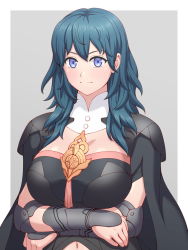 Rule 34 | 1girl, armor, black armor, black cape, black shirt, blue eyes, blue hair, breasts, bustier, byleth (female) (fire emblem), byleth (fire emblem), cape, cleavage, closed mouth, clothing cutout, commentary request, crossed arms, fire emblem, fire emblem: three houses, grey background, hair between eyes, highres, ibushi (oath), large breasts, light smile, long hair, looking at viewer, medium hair, mixed-language commentary, navel, navel cutout, nintendo, shirt, shoulder armor, sidelocks, simple background, solo, standing, upper body, vambraces, white background