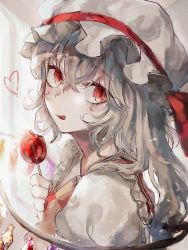 Rule 34 | 1girl, :q, ascot, blouse, candy, commentary request, flandre scarlet, food, frilled shirt collar, frills, from side, grey hair, hair between eyes, hat, hat ribbon, head tilt, highres, limited palette, lollipop, looking at viewer, looking to the side, mob cap, puffy short sleeves, puffy sleeves, red eyes, red ribbon, red vest, ribbon, rin (rin7kan7), shirt, short sleeves, solo, tongue, tongue out, touhou, vest, white hat, white shirt, wings, yellow ascot