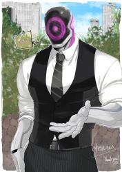 Rule 34 | 1boy, bara, belt, black necktie, black pants, bush, city, clothed robot, commission, dress shirt, formal, fuguchudoku, humanoid robot, long sleeves, looking at viewer, male focus, muscular, necktie, original, pants, reaching, reaching towards viewer, robot, shirt, signature, skeb commission, sleeves rolled up, spoken blush, striped clothes, striped pants, thank you, thumb in pocket, waistcoat, white shirt