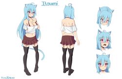 Rule 34 | 1girl, absurdres, ahoge, animal ears, bare shoulders, black thighhighs, blue hair, blush, breasts, cat ears, cat girl, cat tail, character name, cleavage, collarbone, commentary, crop top, expressions, full body, garter straps, hair between eyes, halterneck, hand on own chest, highres, itsumi (kaptivate), kaptivate, large breasts, long hair, looking at viewer, midriff, miniskirt, multiple views, navel, no shoes, nose blush, off-shoulder shirt, off shoulder, original, pink eyes, pleated skirt, red skirt, shirt, simple background, skirt, smile, standing, stomach, tail, thighhighs, very long hair, white background, white shirt, wristband, zettai ryouiki