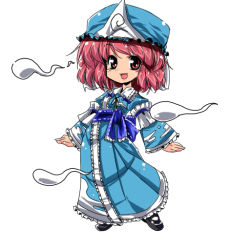 Rule 34 | 1girl, blue hat, chibi, female focus, hat, kiku hitomoji, saigyouji yuyuko, solo, tora tooru, touhou, triangular headpiece