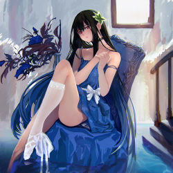 Rule 34 | 1girl, armchair, ass, black hair, blue dress, bouquet, chair, choker, collarbone, dress, flower, hair flower, hair ornament, head tilt, kneehighs, long hair, long neck, looking at viewer, off shoulder, original, own hands clasped, own hands together, partially submerged, red eyes, single kneehigh, single sock, sitting, socks, solo, stairs, strap slip, syozui, vase, very long hair, water, white socks, window
