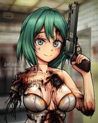 Rule 34 | 1girl, android, barcode, barcode tattoo, blood, bullet hole, commentary, damaged, green eyes, green hair, gun, handgun, holding, holding gun, holding weapon, looking at viewer, mechanical parts, missing limb, original, revolver, russian text, short hair, solo, tattoo, weapon, zap-nik