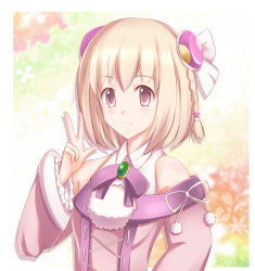 Rule 34 | 1girl, ar tonelico, ar tonelico iii, bare shoulders, blonde hair, bow, braid, female focus, gradient background, gust, hair ornament, pink eyes, saki (ar tonelico), shizufa, short hair, smile, solo, v