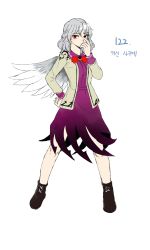 Rule 34 | 1girl, absurdres, beige jacket, boots, bow, bowtie, braid, brown footwear, collared shirt, commentary, cross-laced footwear, derivative work, dress, feathered wings, french braid, full body, grey hair, hand on own hip, hand on own face, highres, jacket, kishin sagume, korean commentary, kuya (hey36253625), legacy of lunatic kingdom, long sleeves, mixed-language commentary, open clothes, open jacket, purple dress, red bow, red bowtie, red eyes, shirt, short hair, simple background, single wing, standing, touhou, translated, white background, white wings, wings