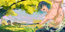 Rule 34 | 1boy, abs, absurdres, aged down, black pants, blue hair, boar, boar mask, collarbone, colored inner hair, commentary request, dark blue hair, dual wielding, eyelashes, falling leaves, green eyes, greeny (maindo), hair between eyes, hashibira inosuke, highres, holding, holding sword, holding weapon, katana, kimetsu no yaiba, leaf, male focus, multicolored hair, muscular, muscular male, nipples, open mouth, outdoors, pants, pectorals, short hair, solo, sparkle, sword, topless male, tree, water, water drop, weapon