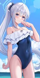 Rule 34 | 1girl, absurdres, blue archive, blue halo, blue one-piece swimsuit, blue sky, bow, casual one-piece swimsuit, cellphone, cloud, covered navel, day, frilled one-piece swimsuit, frills, hair bow, halo, hibika, highres, holding, holding phone, long hair, miyako (blue archive), miyako (swimsuit) (blue archive), ocean, off-shoulder one-piece swimsuit, off shoulder, official alternate costume, one-piece swimsuit, outdoors, phone, ponytail, purple eyes, sidelocks, sky, smartphone, solo, standing, swimsuit, two-tone one-piece swimsuit, very long hair, white hair