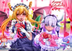 Rule 34 | 10s, 2girls, :d, :o, artist name, beads, black bow, black hairband, blonde hair, blue eyes, blunt bangs, blush, bow, box, capelet, character doll, commentary, dragon girl, dragon horns, dragon tail, dragon wings, dress, gift, gift box, gloves, hair beads, hair bow, hair ornament, hairband, happy valentine, heart, heart-shaped box, highres, holding, holding gift, horns, indoors, javier estrada, kanna kamui, kobayashi-san chi no maidragon, kobayashi (maidragon), long hair, long sleeves, looking at viewer, maid, maid headdress, multiple girls, necktie, open mouth, parted lips, ponytail, red eyes, red necktie, revision, short sleeves, silver hair, slit pupils, smile, tail, tohru (maidragon), twintails, valentine, white gloves, white legwear, wings