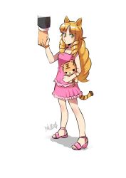 Rule 34 | 1girl, animal ears, arknights, cat ears, cat girl, cat tail, child, disembodied hand, dress, drill hair, green eyes, holding hands, highres, long hair, orange hair, pink dress, pink footwear, ryuusei (mark ii), sandals, solo focus, stuffed animal, stuffed tiger, stuffed toy, swire (arknights), tail, twin drills, aged down