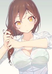 Rule 34 | 1girl, breasts, brown hair, cleavage, colored eyelashes, dress shirt, gradient background, long hair, looking at viewer, nilitsu, shirt, simple background, sleeves rolled up, solo, unbuttoned, upper body, wet, wet hair, wringing hair, yellow eyes