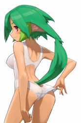 Rule 34 | 1girl, adjusting clothes, adjusting swimsuit, animal ears, ass, back, bad anatomy, bad proportions, breasts, butt crack, clothes pull, from behind, green hair, looking back, medium breasts, nipples, one-piece swimsuit, one-piece swimsuit pull, one-piece tan, original, poorly drawn, profile, red eyes, school swimsuit, see-through, self wedgie, sideboob, simple background, smile, solo, standing, swimsuit, tail, tan, tanline, trefoil, unaji, wedgie, white background, white one-piece swimsuit, white school swimsuit