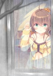 Rule 34 | 1girl, ahoge, bare shoulders, blurry, blurry foreground, blush, book, bookshelf, branch, brown hair, camisole, closed mouth, collarbone, commentary request, crop top, depth of field, frilled camisole, frills, from outside, green eyes, hair between eyes, hair ornament, hair scrunchie, hand up, highres, hololive, jacket, kyado (amaterasu), long sleeves, natsuiro matsuri, natsuiro matsuri (matsuri&#039;s day off), navel, off shoulder, open clothes, open jacket, orange scrunchie, rain, scrunchie, side ponytail, sleeves past wrists, solo, strap slip, striped clothes, striped jacket, virtual youtuber, window, yellow camisole, yellow jacket