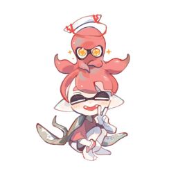 Rule 34 | 1boy, closed eyes, inkling, inkling boy, inkling player character, nintendo, octopus, open mouth, pointy ears, red hair, red shirt, shirt, short hair, simple background, smile, sparkle, spl8ya, splatoon (series), squatting, star-shaped pupils, star (symbol), symbol-shaped pupils, teeth, tentacle hair, v, white background, yellow eyes, yellow pupils