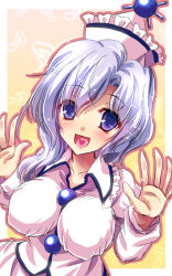 Rule 34 | 1girl, blue eyes, hat, heart, heart in mouth, impossible clothes, merlin prismriver, musical note, open hands, open mouth, solo, touhou, white hair, yamu (reverse noise)