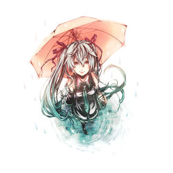 Rule 34 | 1girl, aqua hair, detached sleeves, dlei, female focus, from above, full body, hair ribbon, hatsune miku, long hair, necktie, rain, ribbon, ripples, smile, solo, twintails, umbrella, very long hair, vocaloid, white background