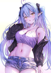 Rule 34 | 1girl, absurdres, blue hair, highres, hololive, long hair, mito soosu, navel, open clothes, pointy ears, shorts, simple background, solo, standing, virtual youtuber, yellow eyes, yukihana lamy