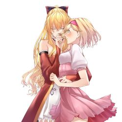 Rule 34 | 2girls, arm around waist, artist request, bare shoulders, black bow, blonde hair, blush, bow, brown eyes, choker, clenched hand, closed eyes, closed mouth, couple, detached sleeves, djeeta (granblue fantasy), dress, embarrassed, eyes visible through hair, female focus, grabbing another&#039;s hair, granblue fantasy, hair between eyes, hair bow, hairband, highres, hug, lace, lace choker, long hair, looking at another, multiple girls, pink dress, pink hairband, ponytail, puffy short sleeves, puffy sleeves, red detached sleeves, red dress, short hair, short sleeves, shy, smelling, smelling hair, standing, strapless, strapless dress, surprised, swept bangs, vira (granblue fantasy), wavy hair, white background, yuri