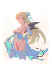 Rule 34 | 1girl, bigrbear, blonde hair, blue eyes, blue gloves, blue thighhighs, bottomless, bracelet, breasts, cropped legs, demon tail, demon wings, earrings, elbow gloves, flower, gloves, hair flower, hair ornament, highres, jewelry, long hair, medium breasts, nipples, original, pointy ears, pubic tattoo, pussy, revealing clothes, simple background, solo, tail, tattoo, thighhighs, uncensored, white background, wings